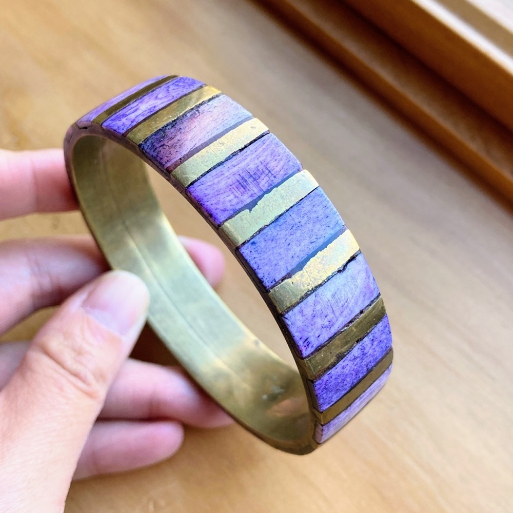 Vintage Brass and Purple Bone Inlay Bangle Bracelet